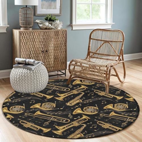 Large Round Area Rug Home Decor Modern Bathroom Rug Kitchen Office Circle Rug for Living Room Sofa Circle Cute Mat Gold Trumpet Trombone French Horn Black