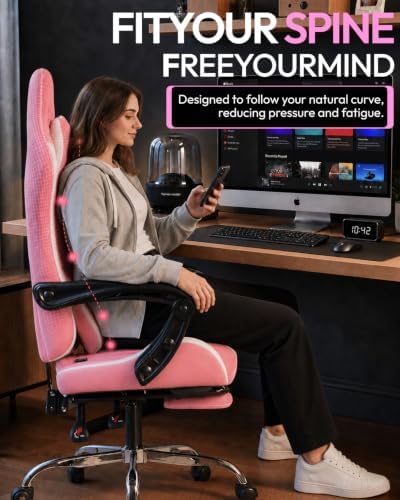 Dowinx Ergonomic Gaming Chair with Footrest & Massage Lumbar, 2D-Linkage Armrests for Computer Chair 330lbs with Headrest Pillow for Office, Home, Streaming and Long Gaming Sessions, Fabric Pink White