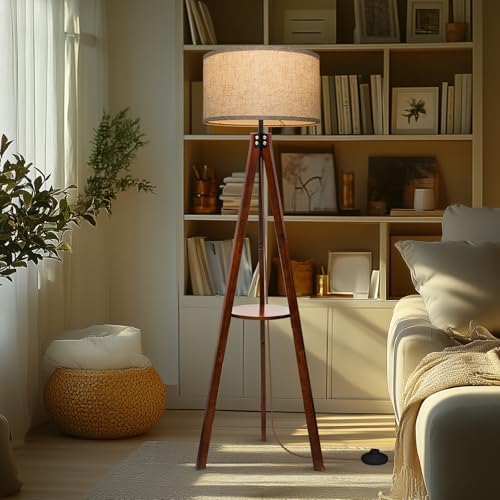 EOEYYOYB Floor Lamps with Shelf, Modern Standing Lamp with 3 Color Temperature Led Bulb, Tall Lamps with Foot Switch for Living Room Bedroom and Office, Juglans Nigra