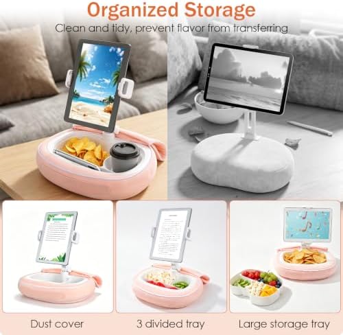 Tablet Pillow Holder with Snack Bowl, Adjustable Lap Laptop Stand, Soft Plush Bed Pillow, 360° Rotating Detachable Support Arm, Compatible with 4.7-16.1", Phone, Tablet, Pink