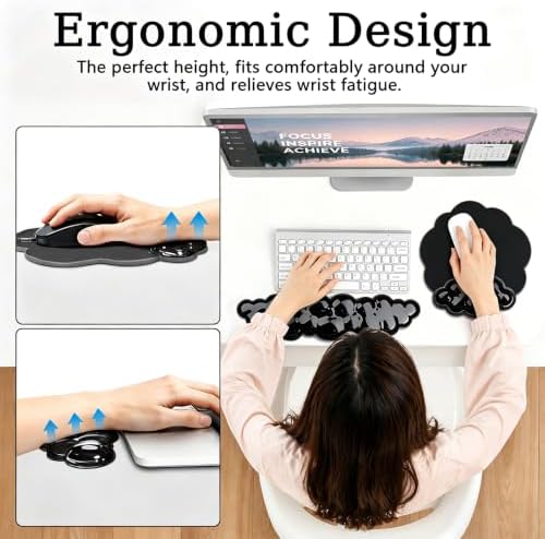 Gel Wrist Rest and Cloud Mouse Pad, for Keyboards and Mice - Ergonomic Pink Keyboard Wrist Rest Set, Relieves Pain from Typing/Computer/Laptop/Gaming/Home/Office Black