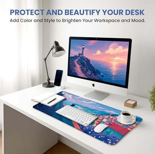 Aesthetic Desk Mat, Cute Hillside Cat Desk Pad Protector for Work & Decor, 31.5" x 11.8", Pretty Non-Slip Extended Mouse Pad for Office or Home