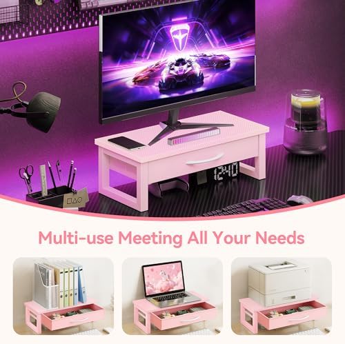Desk Organizers and Accessories, Computer Monitor Stand Riser with Fabric Drawer, 2-Tier Laptop Stand for Desk, Office Organization Accessories, Pink