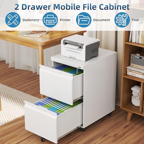 File Cabinet with Lock, 2 Drawer Mobile File Cabinet with Wheels, Metal Vertical File Cabinets for Home Office, Rolling Filing Cabinets Under Desk Storage for Letter/Legal/A4 Files