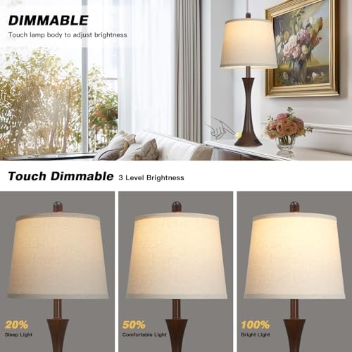 Rinweey 27.5" Table Lamps Set of 2, Touch Bedside Lamps with USB C+A Ports, 3 Way Dimmable Nightstand Lamps for Bedroom, Living Room, Office, Brown Lamp with Beige Lampshade, Bulbs Included
