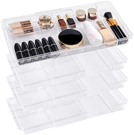Oubonun Expandable Shallow Vanity Plastic Makeup Drawer Organizers, 4 Pack