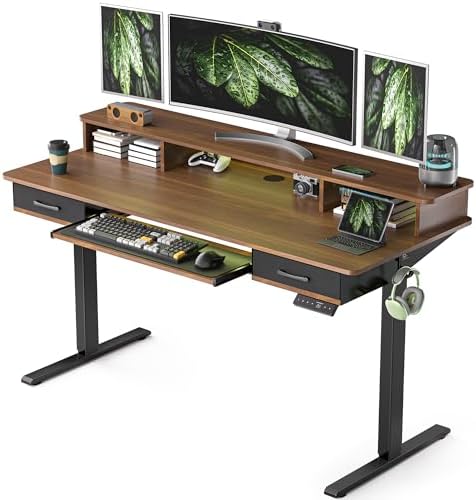 WALKINGDESK 63 Inches Electric Standing Desk with Keyboard Tray, Height Adjustable Sit to Stand Table with 2 Drawers, Ergonomic Home Office Desk with Storage Shelf, Computer Table, Black Walnut