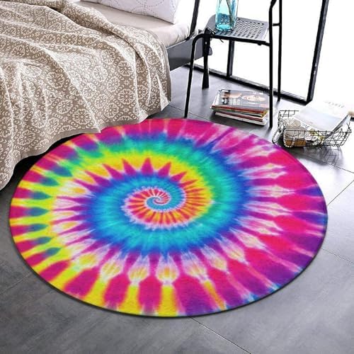 Fashion Round Area Rug Large Non Slip Carpet Unisex Home Decor Mat Red Blue Yellow Spiral Tie Dye Rainbow