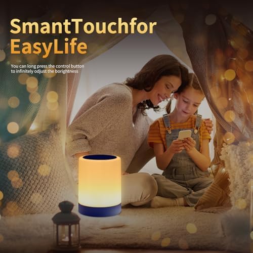 OORUN Touch Bedside Table Lamp,13 RGB Colors & 5 Brightness, USB Rechargeable Desk Lamp, Remote Control Dimmable Night Light with RGB Color Changing,Portable Lamp for Baby, Bedroom, Living Room (Blue)