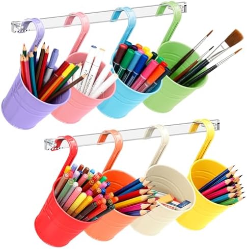 Vowcarol 8 Pack Metal Pencil Holder Crayon Organizer for Classroom with Hanging Rack for Wall, Crayon Holder Hanging Art Storage Buckets for Classroom