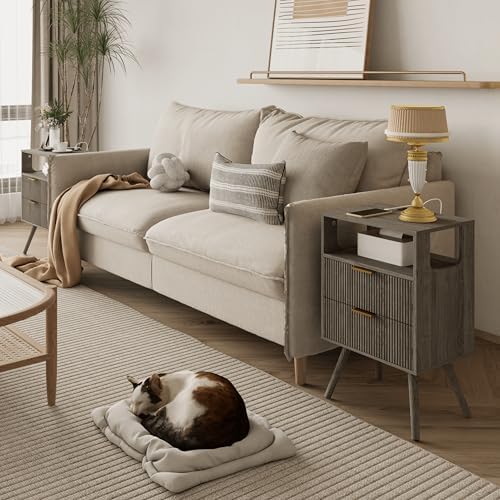 JOONEE Nightstand with Charging Station and LED Lights,Modern Bedside Table with 2 Storage Drawer and Open Wood Shelf, for Bedroom and Small Spaces,Night Stand with Solid Wood Legs,GreyOak