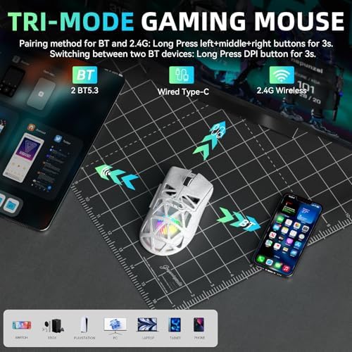 Aula SC620 Wireless Gaming Mouse, Tri-Mode 2.4GHz/USB-C/BT5.3 Computer Mouse with 12000 DPI, Programmable Macro Gamer Mouse with Rapid Fire Key, RGB Light Gaming Mice for PC/Laptop/Mac (Line White)