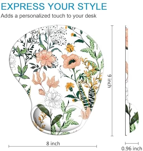 Ergonomic Mouse Pad with Wrist Rest Support Gel with Coaster, Cute Wrist Pad with Non-Slip Rubber Base, Easy Typing & Pain Relief, Floral