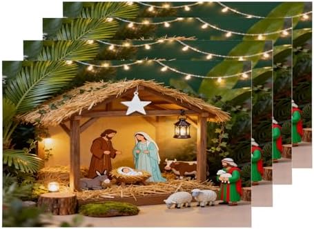 Shrahala Brown Christian Christmas Set Of 4 12 X 18 Inch Linen Placemats , Straw Yellow Black Holy Virgin Burlap Table Mat Washable Double Layered Heat Insulation For Indoor/Outdoor