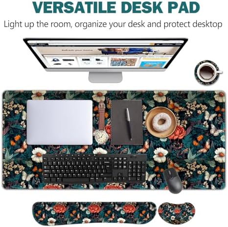AIMSA XXL Large Gaming Mouse Pad Set with Wrist Rest, Retro Floral Butterfly Pattern, Multicolor, Fabric, Memory Foam, 4 in 1 Combo, Ultra-smooth, Non-slip, Stitched Edges