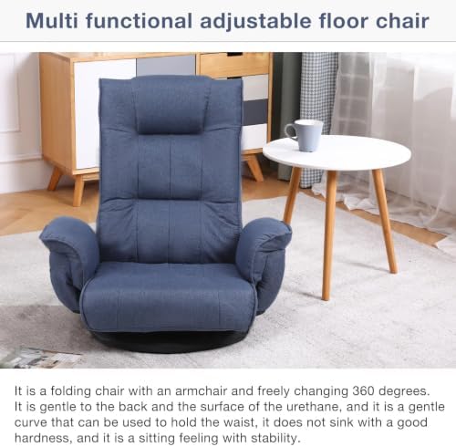 Ergonomic Swivel Floor Gaming Chair with Armrests & Side Pockets, 6-Position Reclining Sofa Bed, Foldable Padded Lounger with Thick Cushion & Lumbar Support for Esports, Reading, TV Watching, Blue