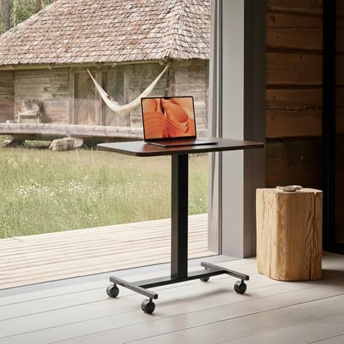 HUANUO Small Rolling Laptop Standing Desk, Height Adjustable Mobile T-Base Desk with Lockable Casters, Portable Sit-Stand Workstation for Bedside & Sofa, Walnut (Pack of 2)