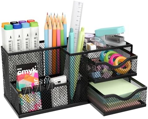 Mesh Desk Organizer with 2 Drawers and 5 Compartments, Pen Holder for Desk
