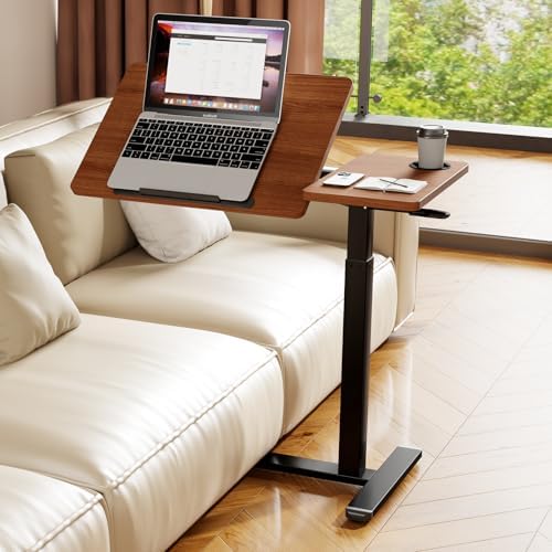 Overbed Table with Wheels, Pneumatic Lift, Foldable Top (Brown)