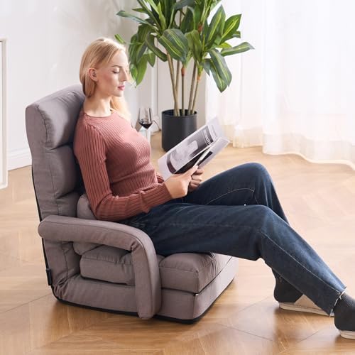 VEVOR Floor Chair, Floor Gaming Chair with 5 Adjustable Position and Back Support, Folding Lounge Chair with Armrest for Adults, Sofa Lounger with Comfy Cushion for Living Room and Bedroom, Gray