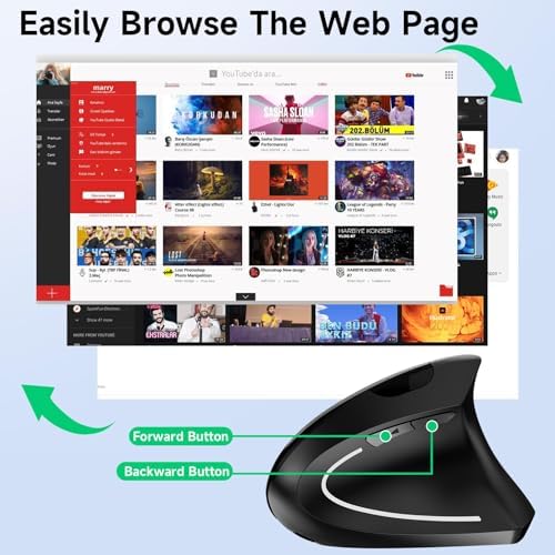Ergonomic Vertical Wireless Mouse, 2.4G Optical Mouse with USB Receiver, 800-1600 DPI, Silent Click, Battery Powered, 5 Buttons, Stylish Comfortable Mouse for Laptop, PC, Mac, Computer (Black)