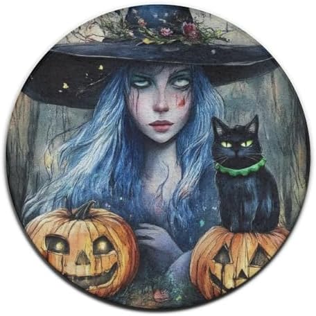 Large Round Area Rug Home Decor Modern Bathroom Rug Kitchen Office Circle Rug for Living Room Sofa Circle Cute Mat Halloween Pumpkin Black Cat Magic Witch Painting, 60inch