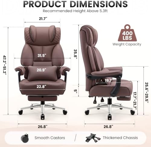 BestGlory Office Desk Chair, Big and Tall Leather Gaming Chair with Footrest, Ergonomic Comfy Executive High-Back Reclining Computer Chairs, Wide Swivel Rolling Wheels and Padded Lumbar Support,Coffee