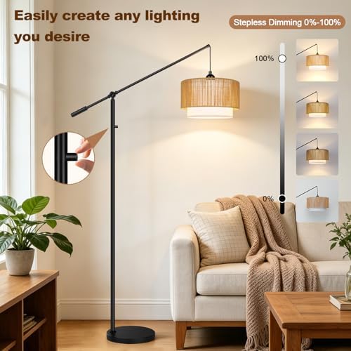 【Upgraded】Boho Dimmable Floor Lamps with Adjustable Swing Arm, 1100 Lumens Bulb Included, Modern Standing Lamp with Rattan & Fabric Shades, Farmhouse Tall Arc Floor Lamp for Living Room Bedroom, Black