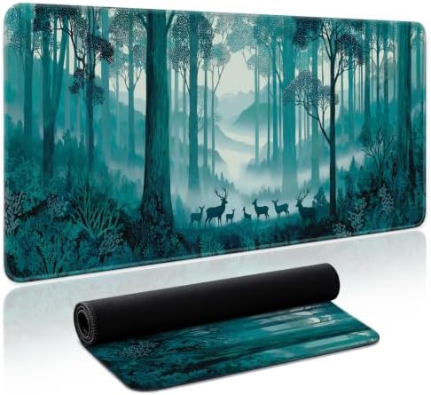 Aesthetic Desk Mat, Cute Deer Forest Desk Pad Protector for Work & Decor, 35.4" x 15.7", Pretty Non-Slip Extended Mouse Pad for Office or Home