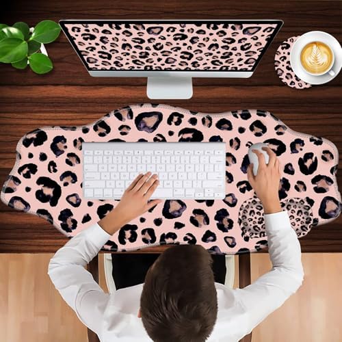 Mouse Pad with Wrist Support + Desk Mat + Coaster 3 in 1 Set, XXL Large Gaming Mousepad Ergonomic Mouse Pads for Desk Computer Laptop Office,Cute Leopard
