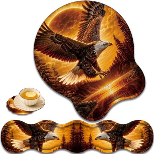 Ergonomic Keyboard Wrist Rest & Mouse Wrist Support Set with Lace Coaster, Gel Memory Foam Anti-Slip Base, Pain Relief for Typing, Bald Eagle Sunset