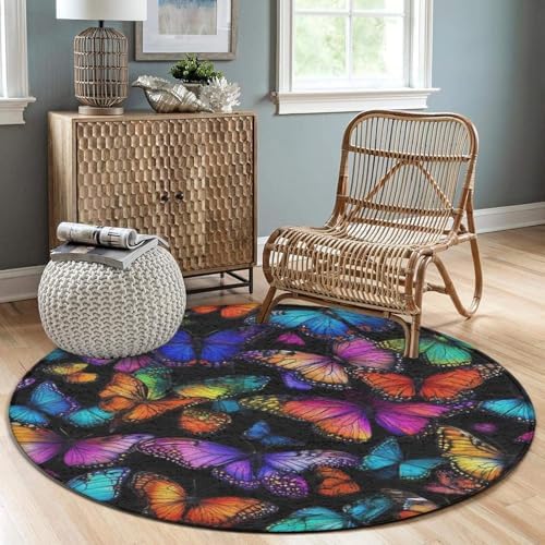 Highly Premium Quality Floor Mat, Office Chair Decor Mat, Room Sofa Yoga Soft Round Carpet Colorful Butterflies Butterfly Art, 24inch
