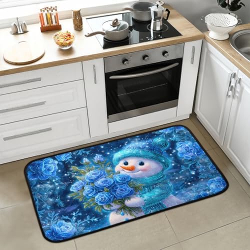 Christmas Door Mat Kitchen Mats, Christmas Blue Snowman Rose Door Rugs, Cushioned Anti Fatigue Absorbent Kitchen Rug, Non-Slip Standing Desk Mat, Front Door Rug for Floor, Office, Sink, 20"×39"