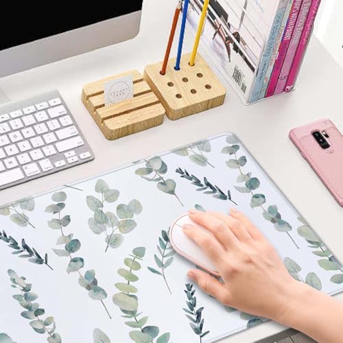 Gaming Large Mouse Pad with Stitched Edges, Watercolor Eucalyptus Branches Pattern Desk Mat, Extended Keyboard Pad, Non-Slip Rubber Base Desk Pad for Keyboard and Mouse, 31.5X11.8 inch