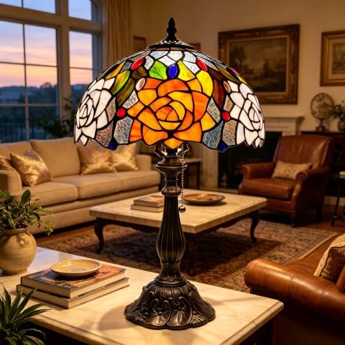 Tiffany Stained Glass Lamp Orange Violet Rose Table Lamp