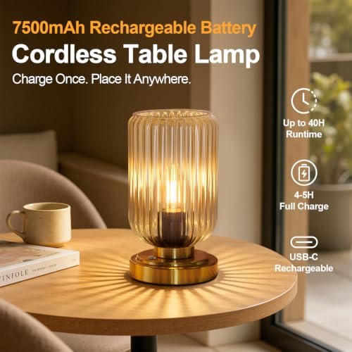 LightRound Cordless Table Lamp for Bedroom, Touch Stepless Dimmable, Modern