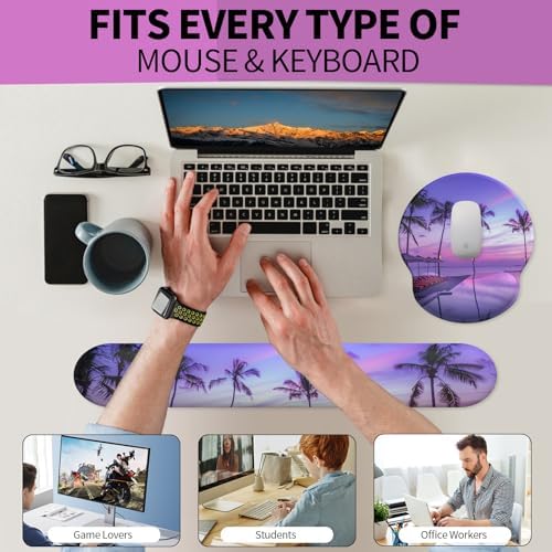eulps Mouse Pad Wrist Support, Ergonomic Memory Foam Keyboard Wrist Pad & Gel Wrist Rest Set for Computer Keyboard for Easy Typing & Pain Relief for Office & Home (Mauve Twilight Set)