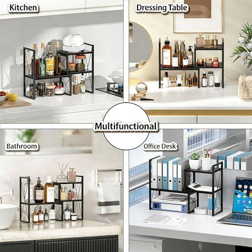 Expandable Desktop Shelf Organizer, 2 Tier Wood Desk Shelf for Office, Metal Corner Bookshelf, Countertop Storage Rack (Black)