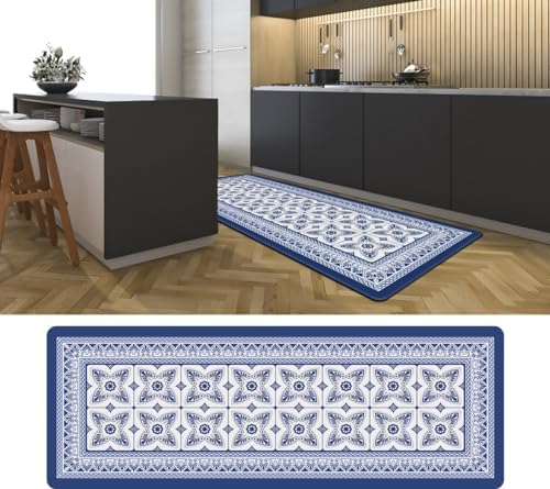 J&V TEXTILES Kitchen Mat Cushioned Anti Fatigue Floor Mat,19.6"x55", Thick Non Slip Waterproof Kitchen Rugs and Mats, Standing Mat for Kitchen,Floor,Home,Office,Desk,Sink,Laundry (Blue Geo)