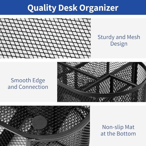 EOOUT Desk Organizer Black Mesh Pencil Holder 8 Compartments 1 Drawer