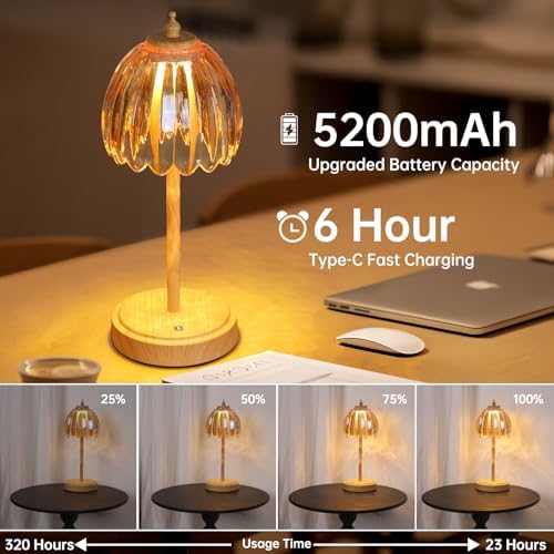 Shenmoyl Tulip Table Lamp with 5200mAh Battery & Touch Control, Small Cordless Table Lamp with 3 Colors, Rechargeable Battery Operated Table Lamps for Bedroom, Desk, Bedside (Amber-Beech Color)