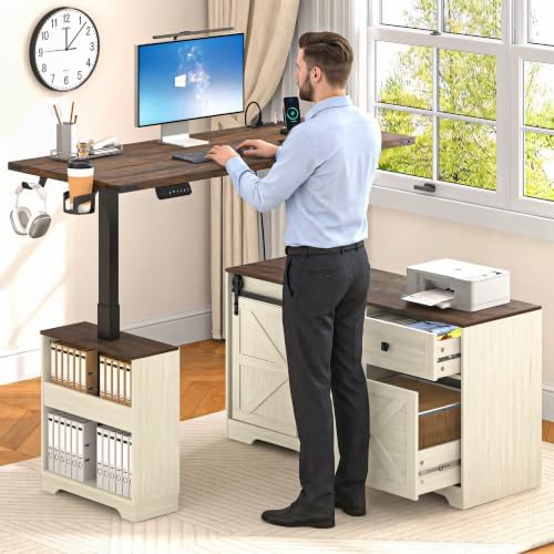 St.Mandyu L Shaped Electric Standing Desk 55" White with Power & Storage