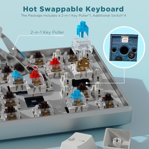 RK Royal KLUDGE RK61 Pro 60% Wired Gaming Keyboard, Hot Swappable Mechanical Keyboard with Aluminum Shell, Programmable RGB Backlit PC Game Keyboards 61 Keys, PBT Keycaps, Gateron Blue Switch, White