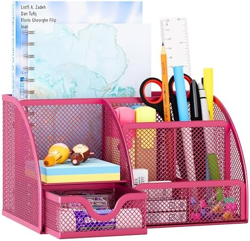 EasyPAG Mesh Desk Organizer with Drawer Multi-functional Pen Holder Stationery Organizer for Office School Supplies 6 Compartments Dorm Organizers and Storage for Desk, Hot Pink