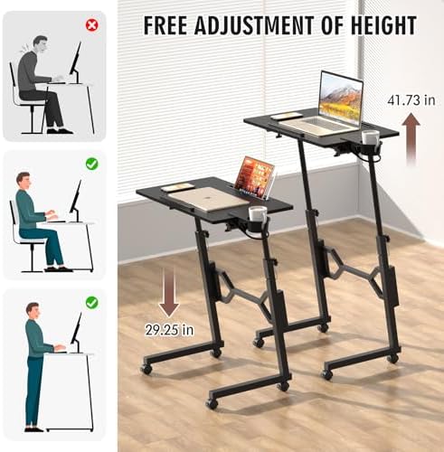 Enayplon Small Standing Desk with Wheels, Portable Treadmill Desk, Rolling Desk Adjustable Height for Laptop, Mobile Standing Table for Walking Pad, Bedside Table