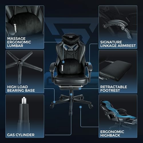 Vigosit Gaming Chair PRO: High-Performance Ergonomic Chair with Full Mesh, Patented 3D Lumbar Support, Retractable Footrest & 400 lbs Metal Frame for Elite Gamers (Black 03Pro)
