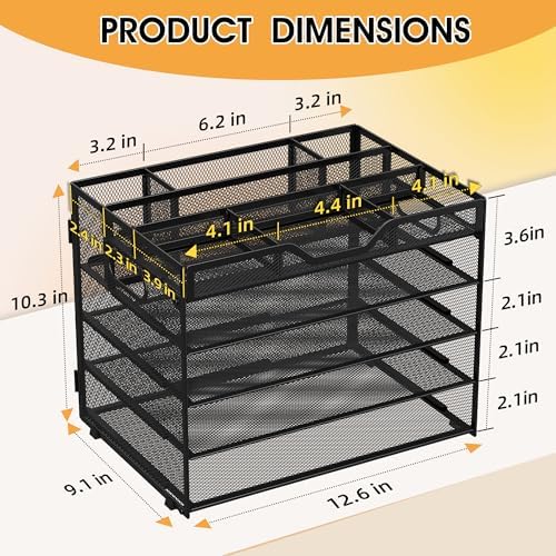 5 Tier Paper Letter Tray Desk Organizer with Pen Holders - Black