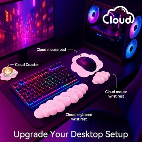 Sushret Cloud Wrist Rest for Computer Keyboard and Mouse Pad Set, Pink