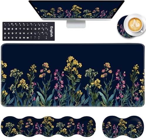 Keyboard Wrist Rest and Mouse Pad with Wrist Support Set Ergonomic Coaster,Memory Foam,Easy Typing Pain Relief,Large XL Desk Mat 31.5"x 11.8",Garden Flowers
