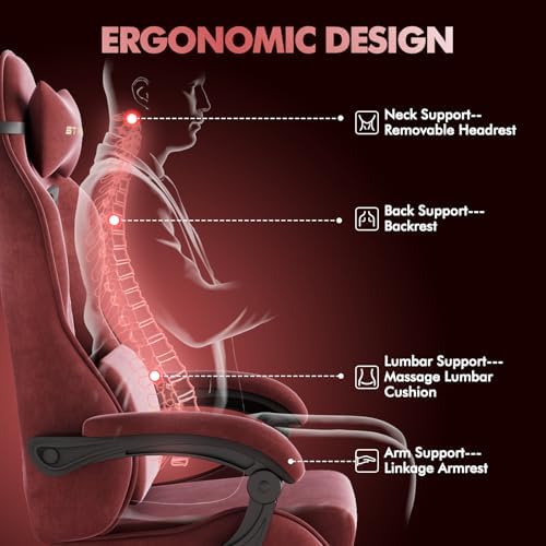 Soontrans Red Velvet Gaming Chair with Footrest, Ergonomic Reclining Computer Desk Chair, Massage Lumbar Cushion & Headrest, Comfortable Video Game Chair for Adults